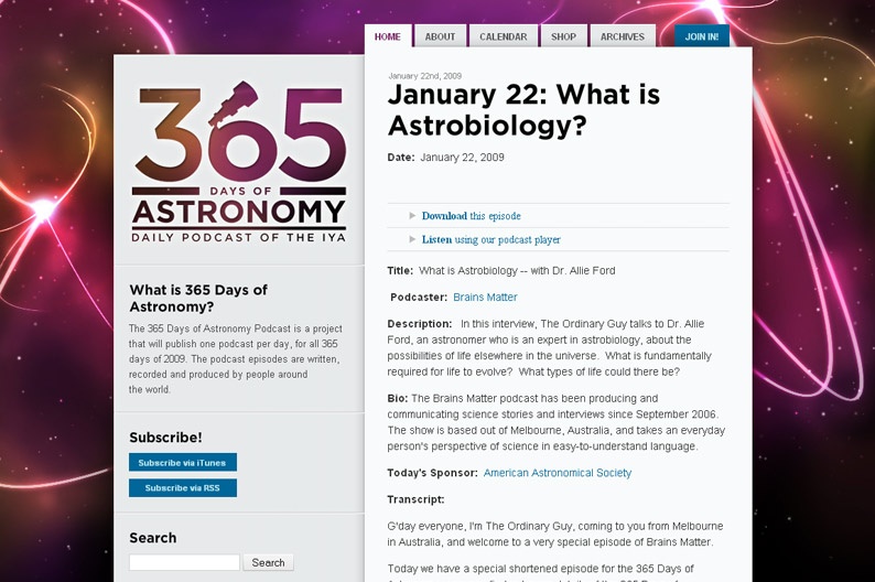 Screenshot on 365 Days of Astronomy